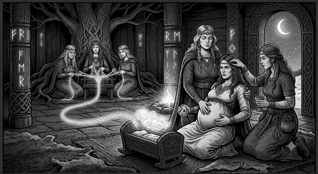 Ilustración nórdica de Frigg, Eir y las tres Nornir tejiendo el hilo del Wyrd para un recién nacido durante el rito de Ausa Vatni.