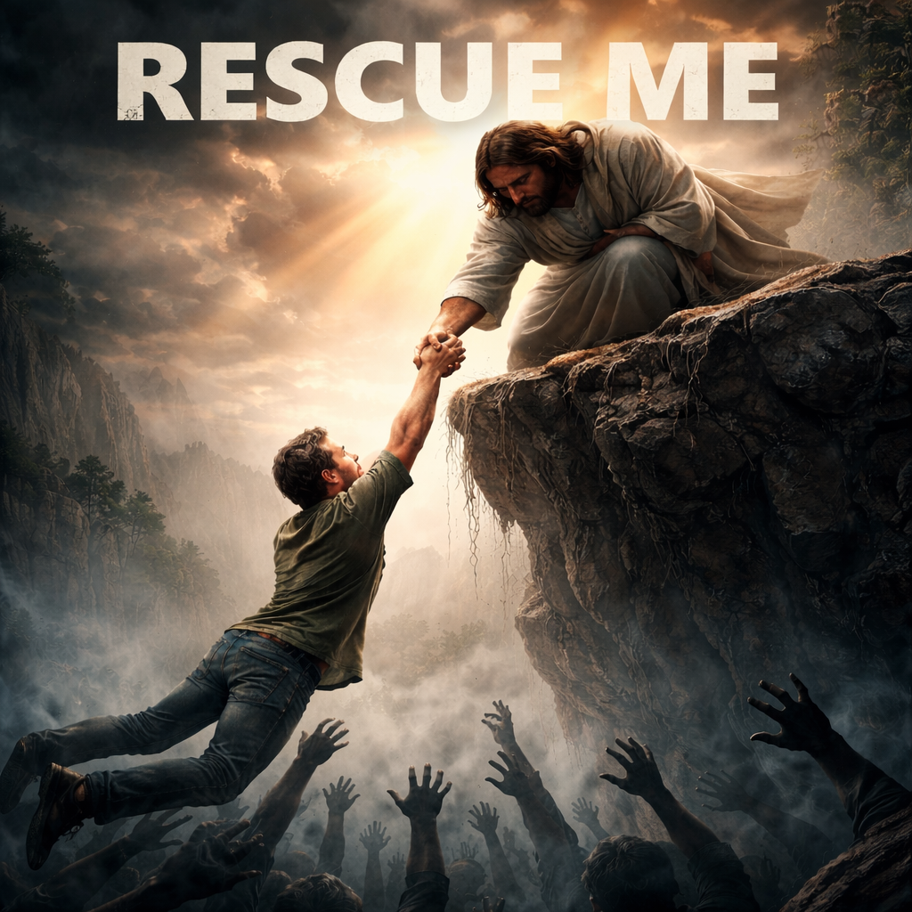 Intense salvation drama: Jesus reaching from cliff to save falling man from zombie-like crowd below, radiant light piercing storm — 'Rescue Me' title, symbolizing rescue from despair, shame, and isolation through divine grace and renewal.
