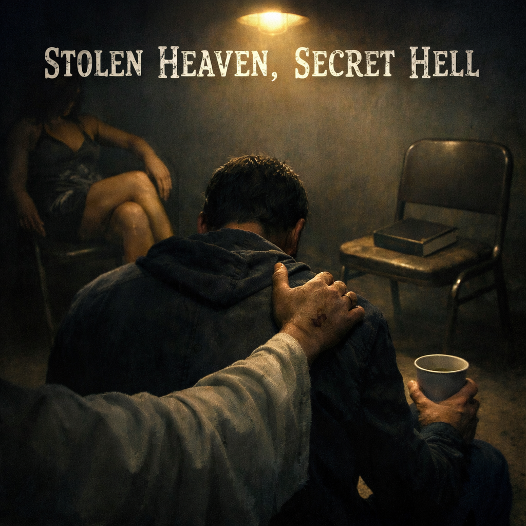 Moody dimly lit room: comforting hand on bowed man's shoulder, woman in background, Bible on chair — 'Stolen Heaven, Secret Hell' title, portraying hidden addiction struggles, shame, recovery, and finding true freedom in God's mercy.