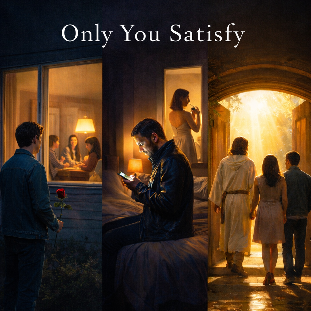 Split-panel intimate scenes: man with rose at window overlooking family, phone-lit bedroom with woman, Jesus leading couple through door — 'Only You Satisfy' artwork, expressing pursuit of false loves, longing, and ultimate fulfillment in Christ.