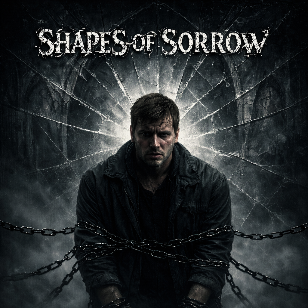 Dark intense portrait: chained man in black jacket trapped in shattered glass web with misty gothic backdrop — 'Shapes of Sorrow' title, illustrating emotional struggles with fear, anger, grief, and ultimate hope in faith.