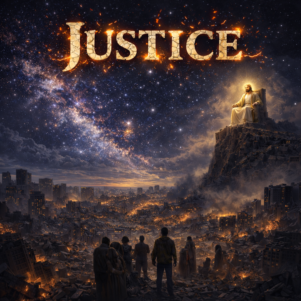 Dramatic apocalyptic view: Jesus enthroned in starry galaxy sky over ruined burning city, people gazing up — 'Justice' title in cracked fiery text, representing divine judgment, wrath, mercy, and restoration through the cross.