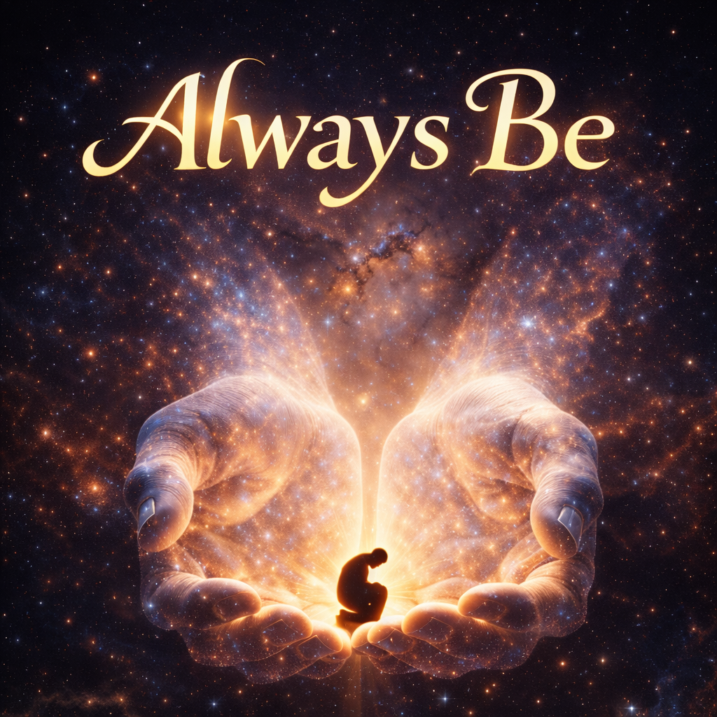 Cosmic spiritual image: glowing ethereal hands cradling a small kneeling figure in starry nebula background — 'Always Be' title, evoking God's eternal presence, unchanging love, and protection through trials, time, and eternity.