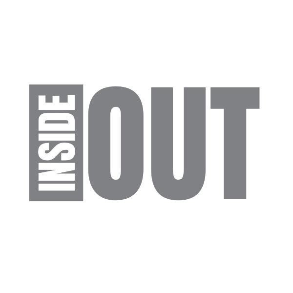 The words Inside Out displayed in a stylized text with 'INSIDE' written vertically and 'OUT' written horizontally in gray font on a black background.