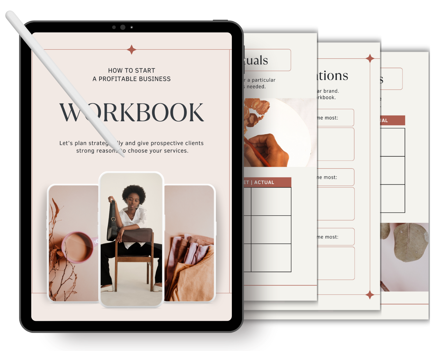 Digital tablet displaying a workbook titled 'How to start a profitable business,' with a stylus and pages of the workbook behind it.
