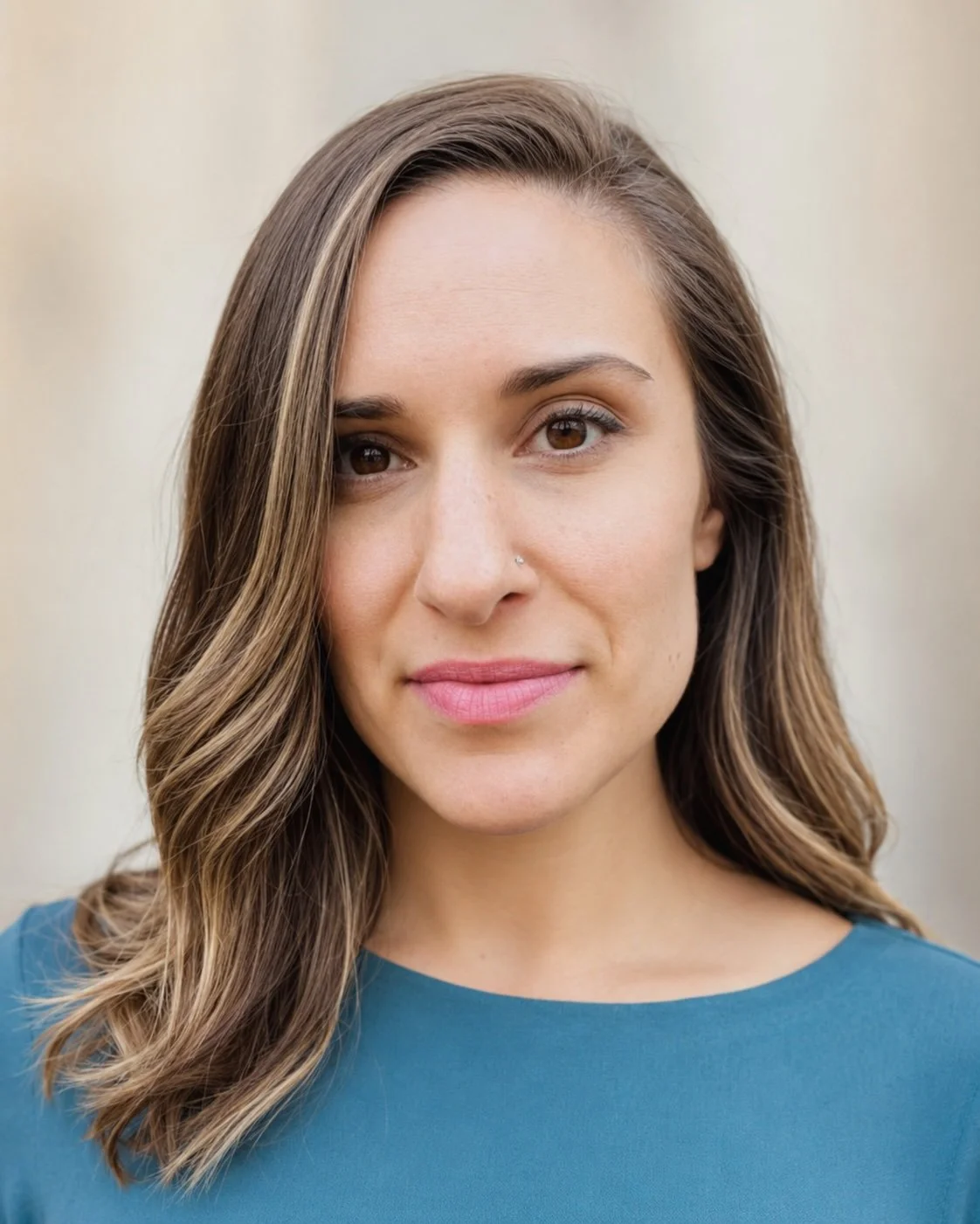 Close-up portrait of a young woman with brown wavy hair, brown eyes, light makeup, pink lipstick, and a nose piercing, wearing a teal top, against a neutral background.