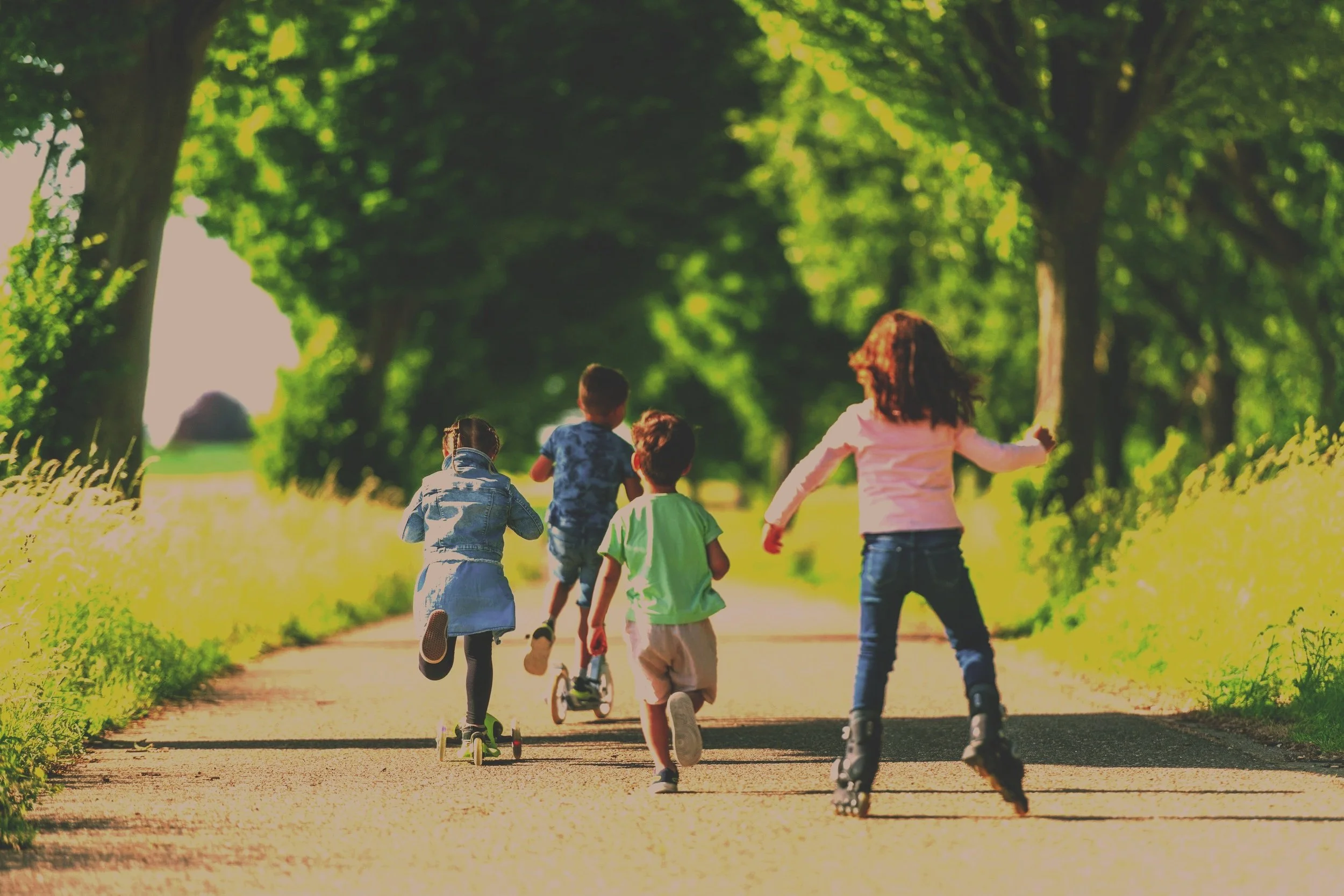 Children running and riding scooters on a sunny tree-lined path in a park.