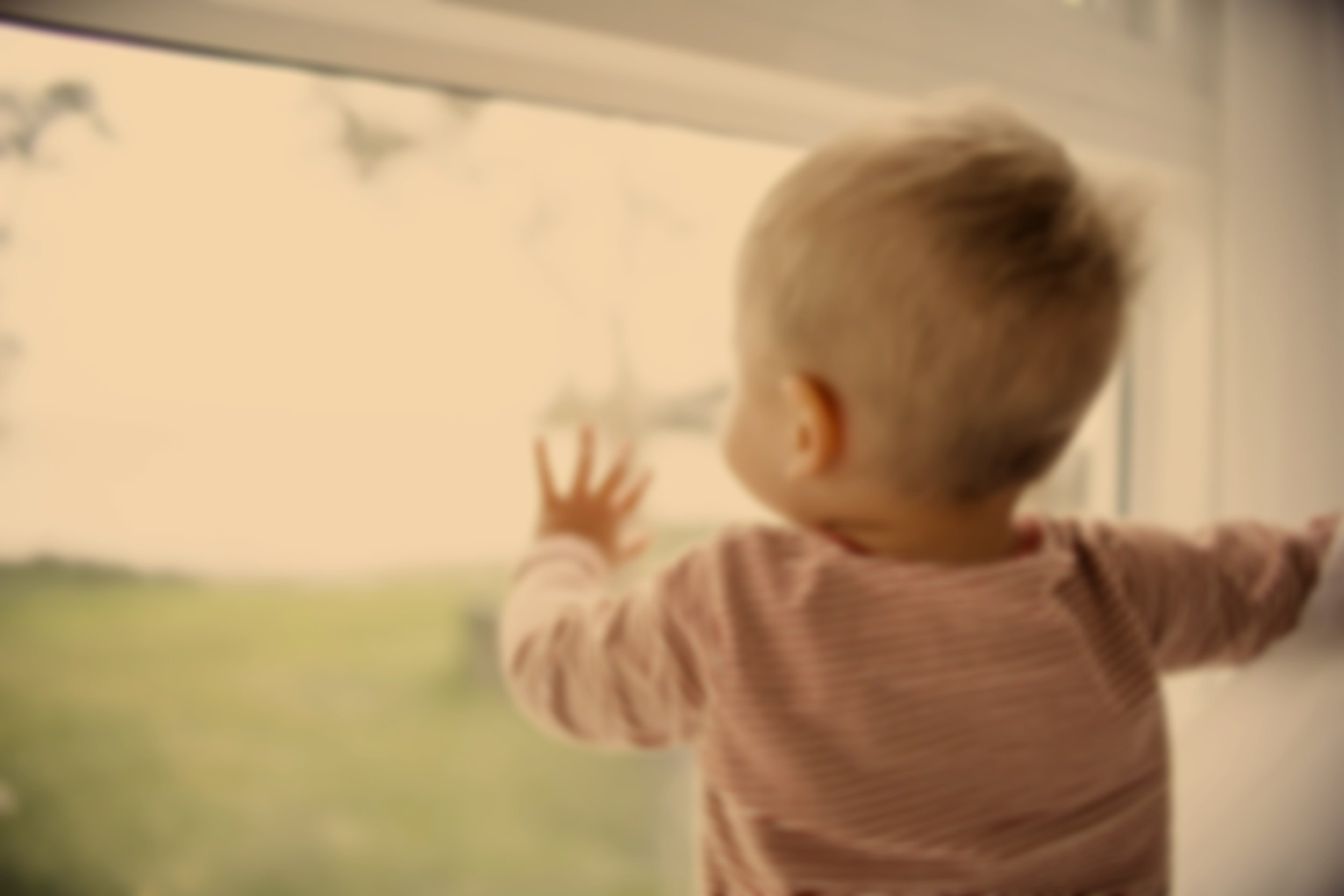 A young child with short, light-colored hair reaches out with one hand towards a window, gazing outside on a bright day. The child is wearing a striped shirt and is indoors, with a blurred view of a green outdoor area visible through the window.