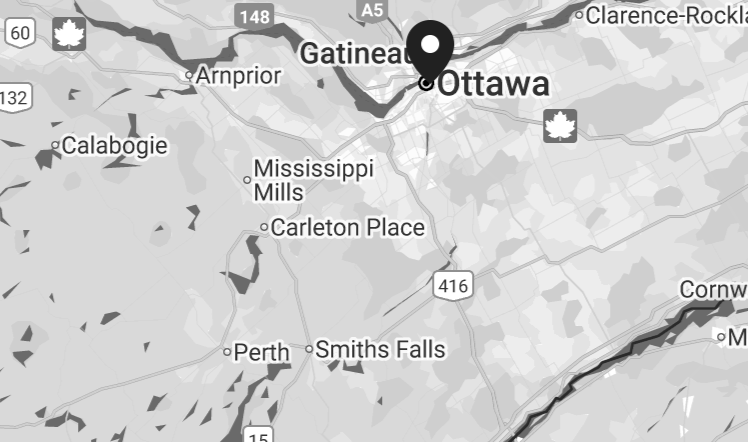 Map showing Ottawa, Gatineau, and surrounding areas in Canada.