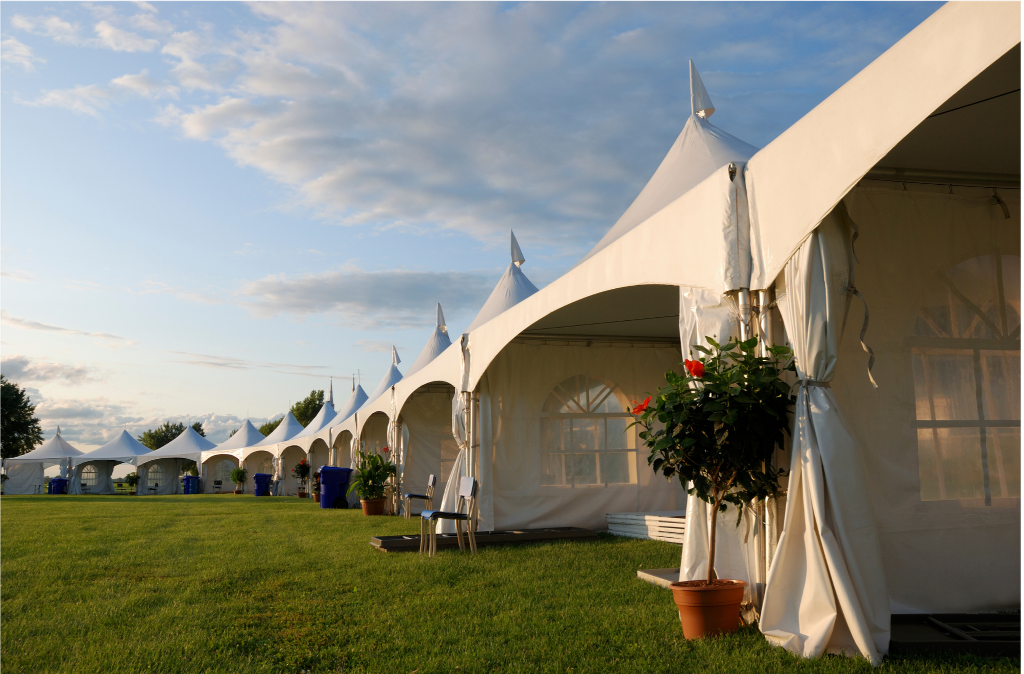 White event tents with peaked roofs set up on a grassy field, decorated with potted plants and chairs outdoors, under a partly cloudy sky.