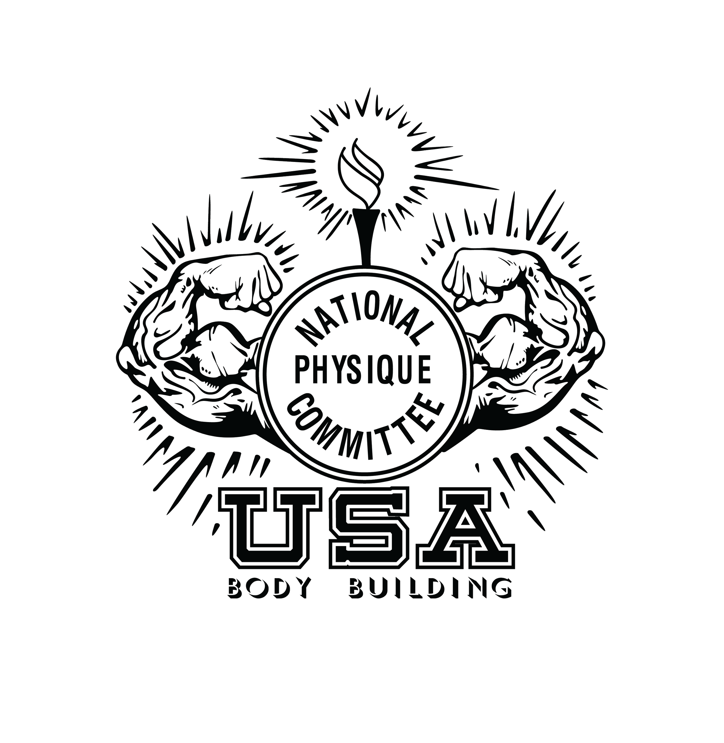 Black and white logo for the USA Body Building, featuring two muscular arms flexing, a flame with a torch at the top, and text for the National Physique Committee.