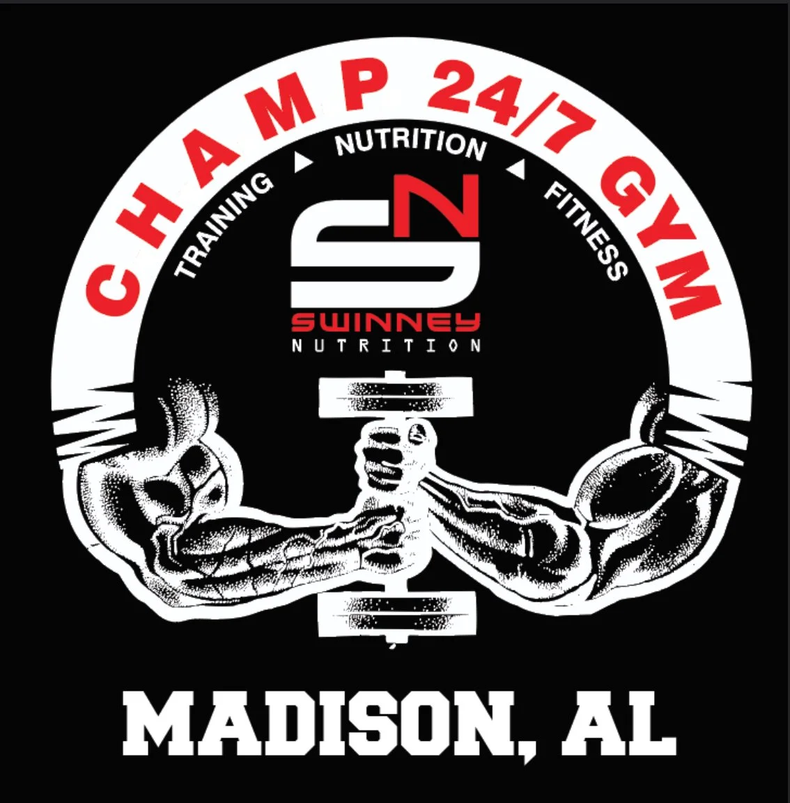 Logo for a 24/7 gym in Madison, Alabama, featuring muscular arms holding a dumbbell, with the gym's name 'SWINNEY NUTRITION' in the center and text around the logo indicating 24/7 access, fitness, training, nutrition, and gym location.