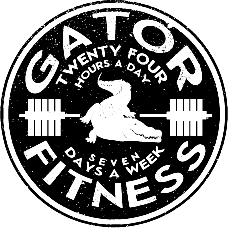 Gator Fitness logo with a gator lifting weights, featuring text about training hours and weekly days.