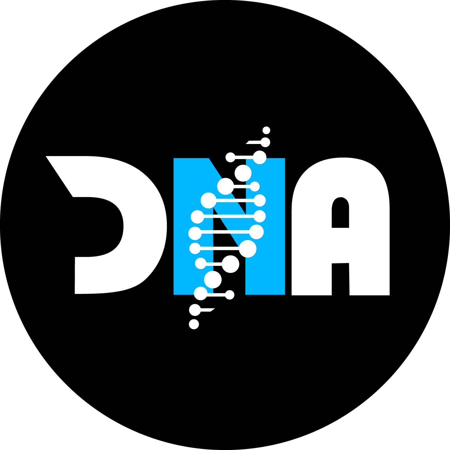 Bold graphic design with the word 'DNA' where the letter 'N' is styled as a blue rectangle with a white DNA double helix symbol overlay, all on a black background.