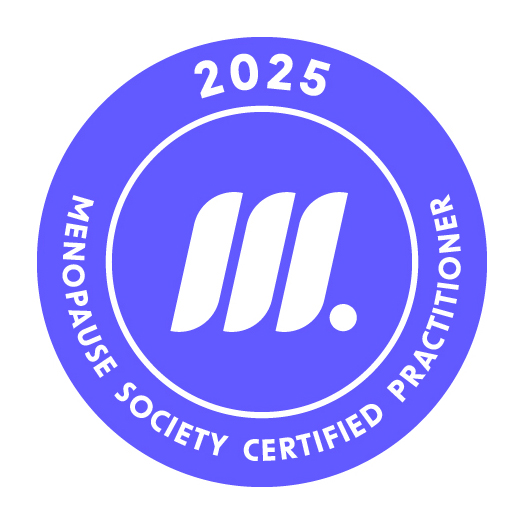 A circular badge with a purple background and white text, featuring the Menopause Society Certified Practitioner logo, name, and the year 2025.