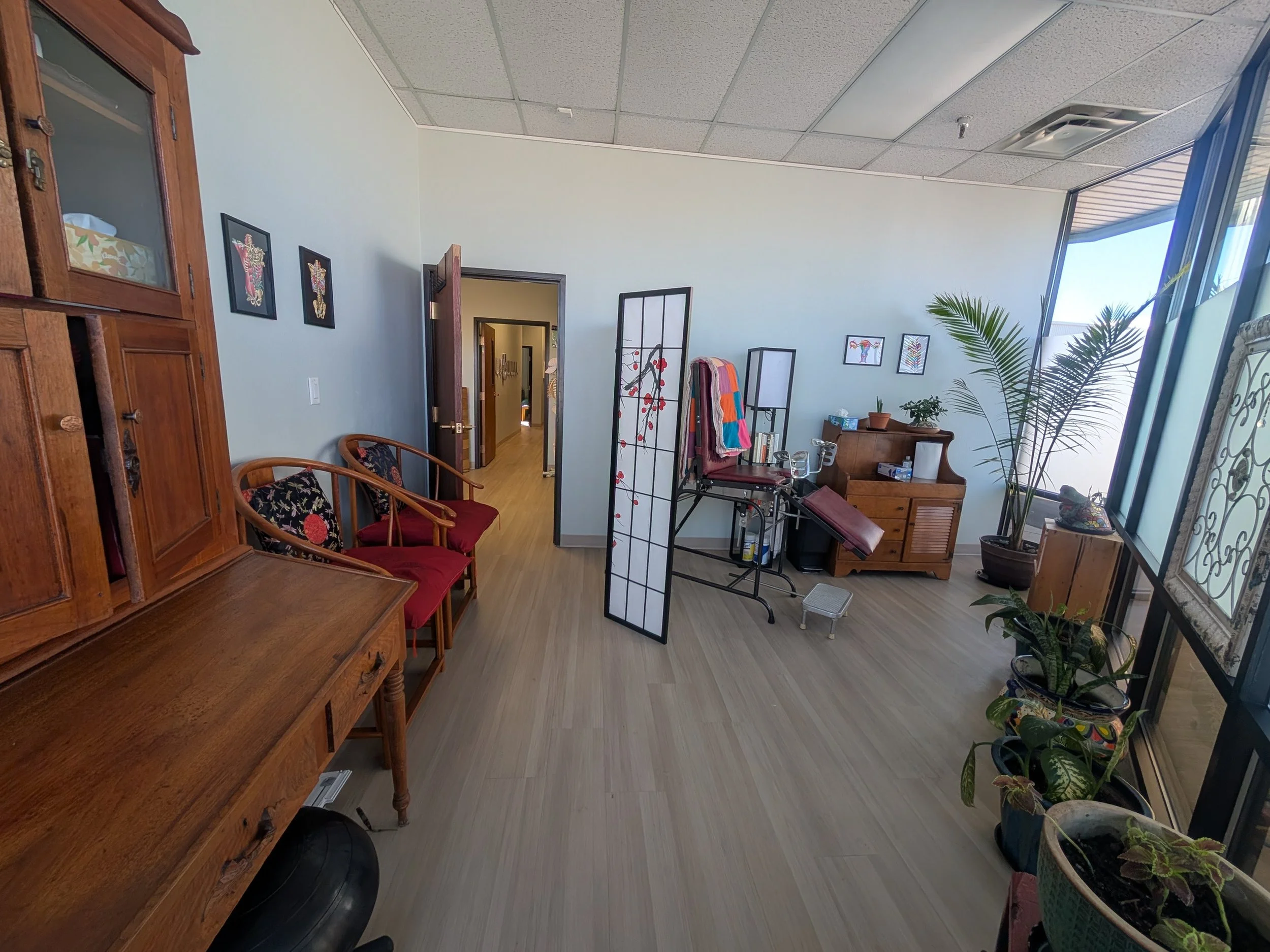 Office room with wooden furniture including cabinets and chairs, potted plants near large windows, and wall decorations.