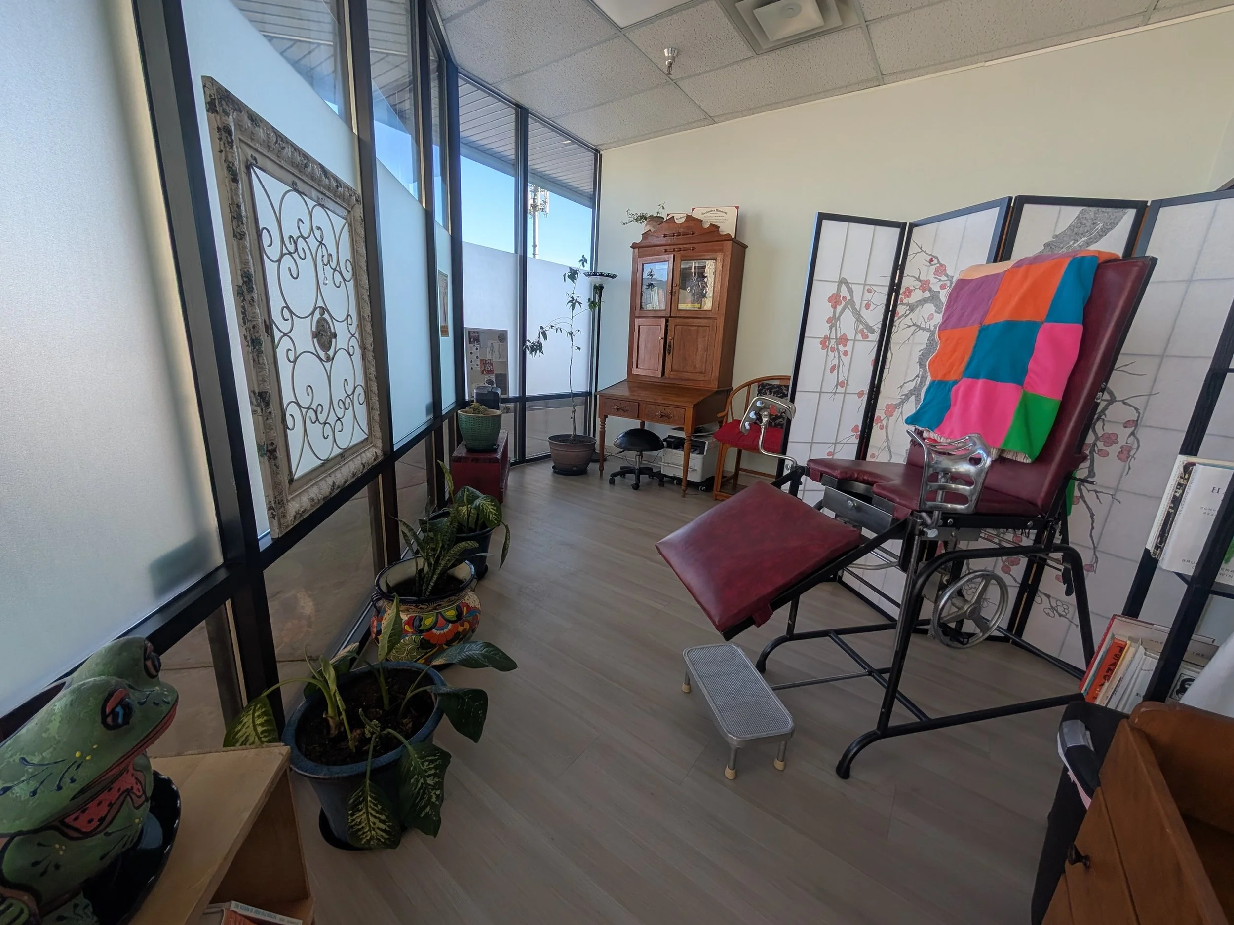 Medical examination room with an exam table draped with colorful cloth, a folding screen with floral design, plants, a wooden cabinet, chairs, and a small step stool, illuminated by natural light from large windows.