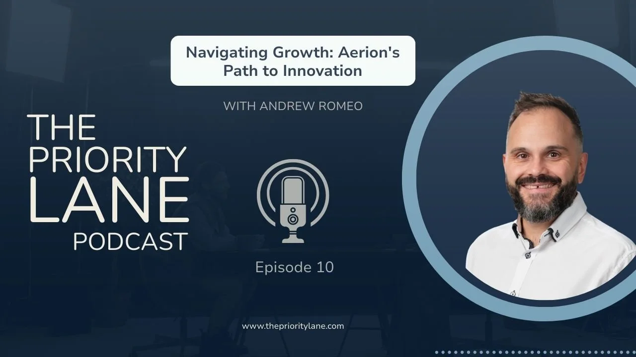'The Priority Lane Podcast' featuring Andrew Romeo discussing 'Navigating Growth: Aerion's Path to Innovation' for episode 10.