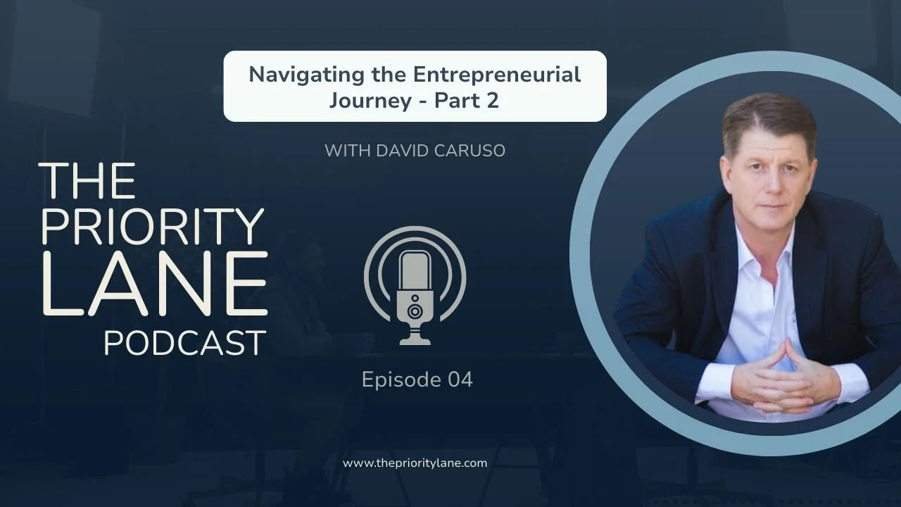 Podcast cover with title 'Navigating the Entrepreneurial Journey - Part 2' featuring David Caruso, titled 'The Priority Lane Podcast', episode 04, www.theprioritylane.com.