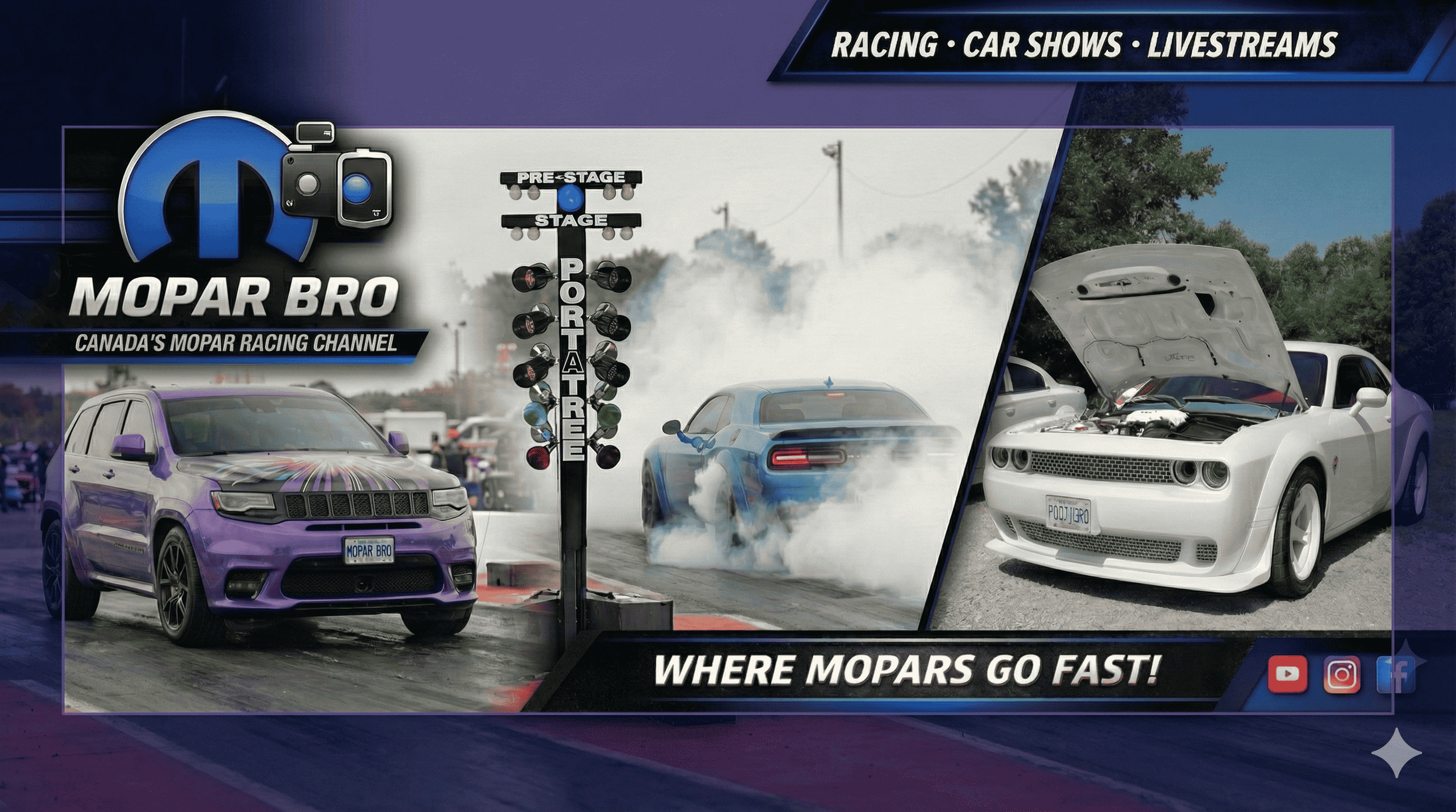A promotional banner for Mopar Bro, a Canadian Mopar racing channel, featuring a purple SUV with custom graphics, a drag racing track with a car doing a burnout, and a white muscle car with its hood open. The banner includes race track lighting, the Mopar Bro logo, and social media icons.