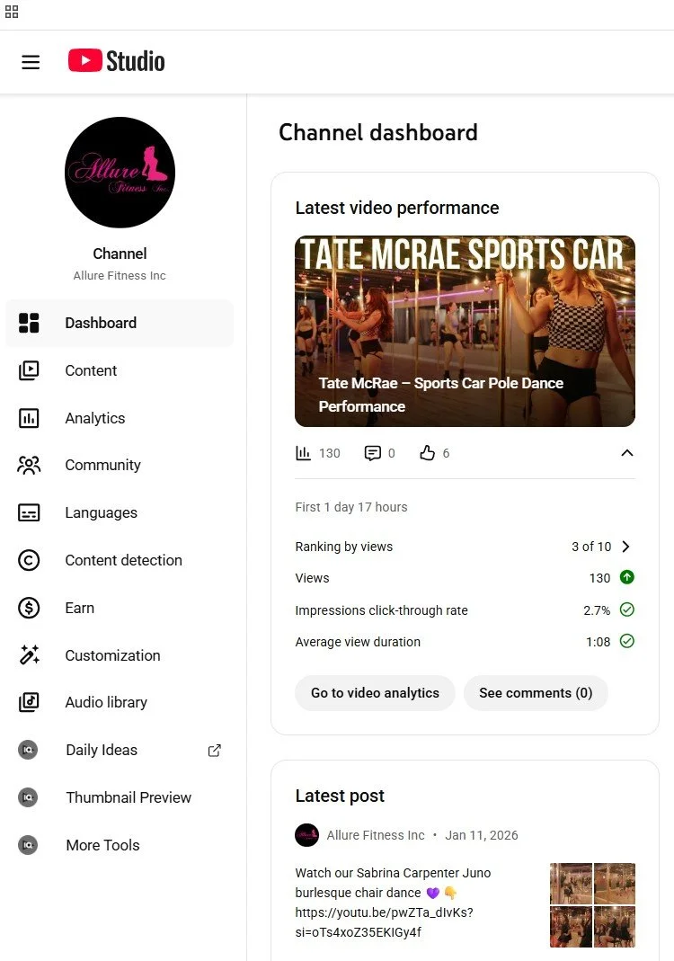 YouTube Studio channel dashboard showing Allure Fitness Inc. channel with the latest video titled 'Tate McRae Sports Car Pole Dance Performance,' featuring dancers at a carnival with bright lights.