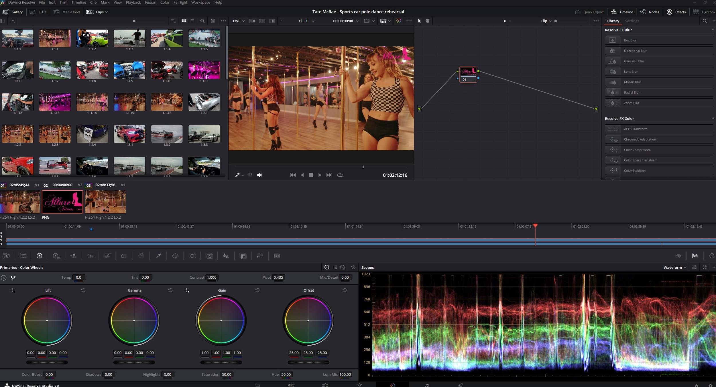 Screenshot of video editing software with a scene of women dancing on a dance pole in a neon-lit dance studio.