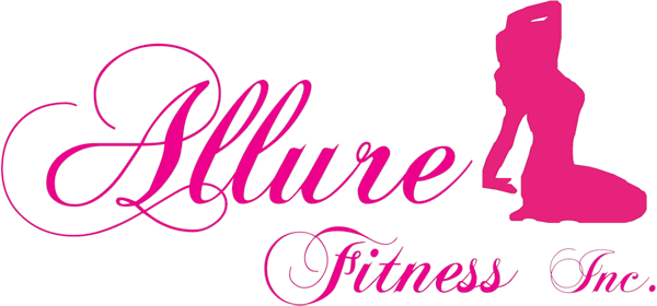 Logo with the words 'Allure Fitness Inc.' in pink cursive font, featuring a silhouette of a woman in a fitness pose.