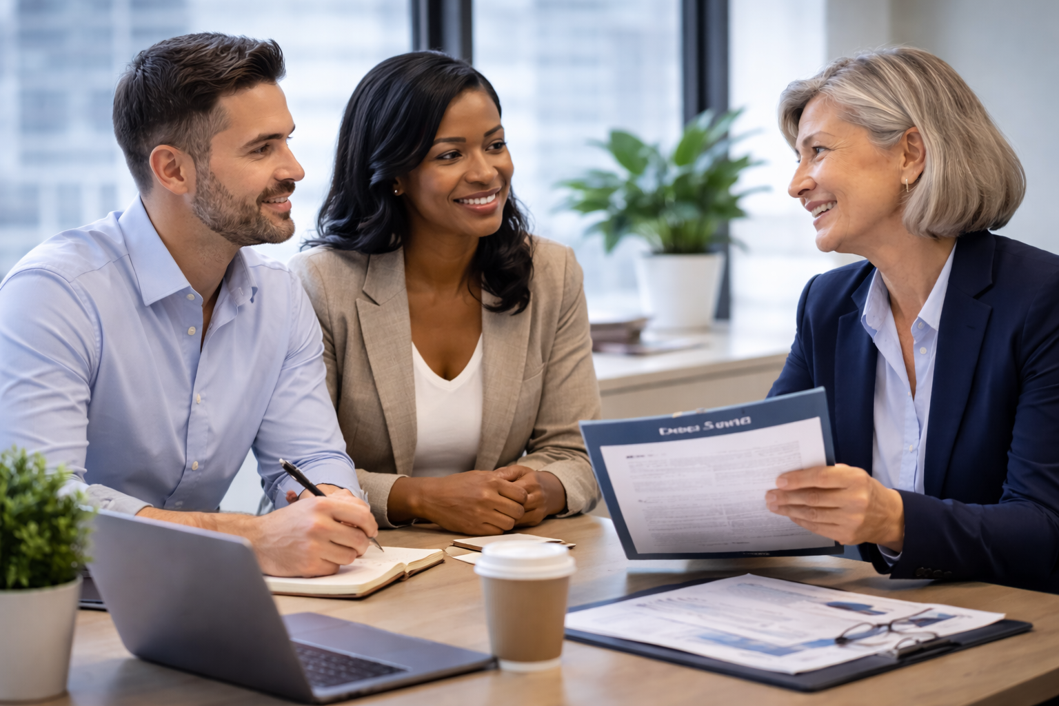 Three business professionals sitting at a table in a meeting, smiling and talking with a woman holding a folder.