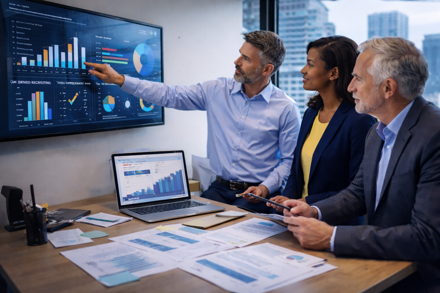 Three business professionals discussing data charts on a large screen in a modern office with city views, with a laptop and papers on the table.