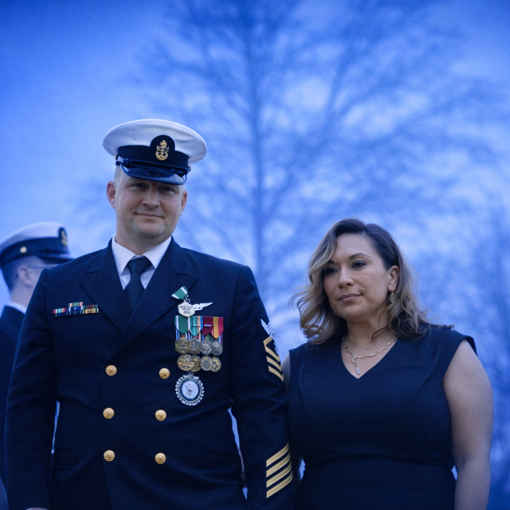 A man in a U.S. Navy uniform and a woman in a black dress standing outdoors with a tree and blue sky in the background