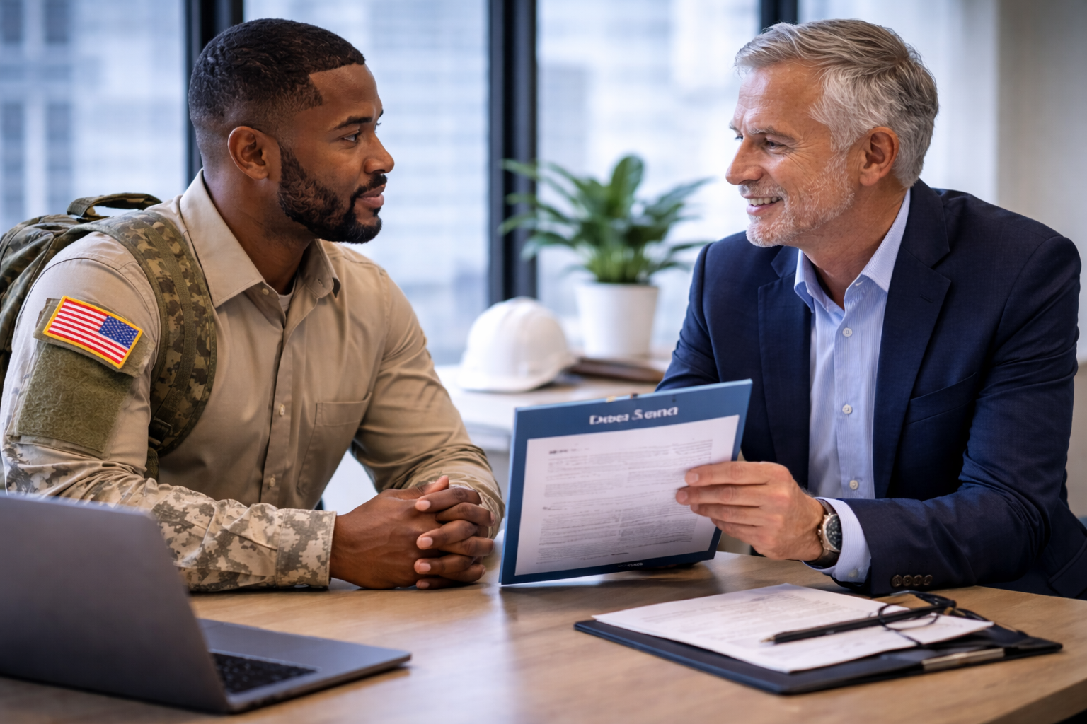 A military service member in uniform with an American flag patch on his shoulder talking with a middle-aged man in a suit at a desk with documents, a laptop, and a white helmet in an office setting.