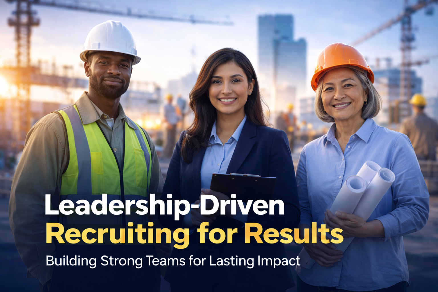 Three diverse construction professionals, two women and one man, standing in front of a construction site with cranes and buildings, smiling at the camera during sunset. The woman on the right holds rolled blueprints, while the woman in the middle has a clipboard. The man wears a white hard hat and high-visibility vest. Overlay text reads 'Leadership-Driven Recruiting for Results' and 'Building Strong Teams for Lasting Impact.'