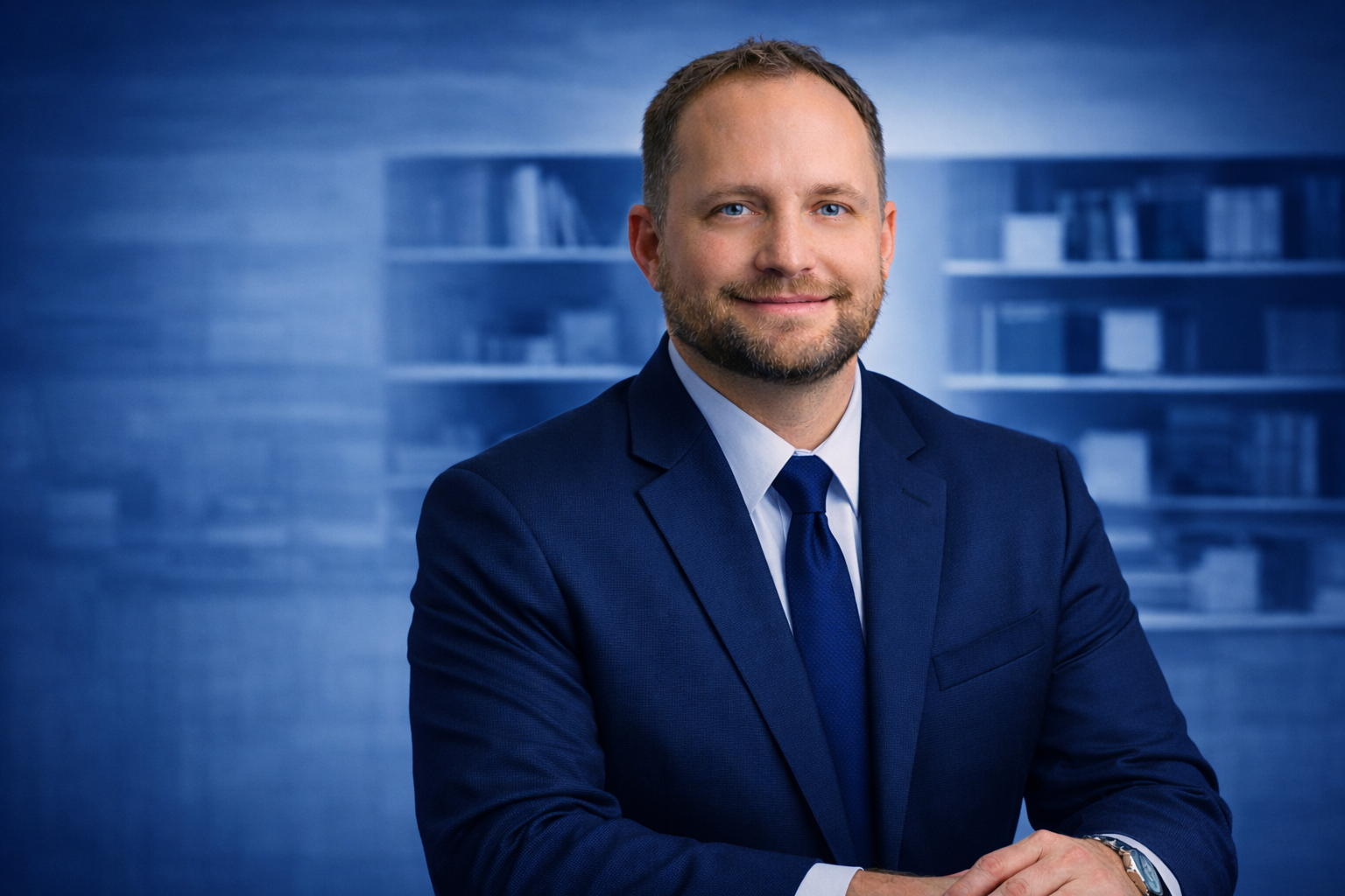 Headshot of a smiling man in a navy suit with a light blue shirt and navy tie, sitting with hands folded in front of him, in a professional setting with bookshelf background.