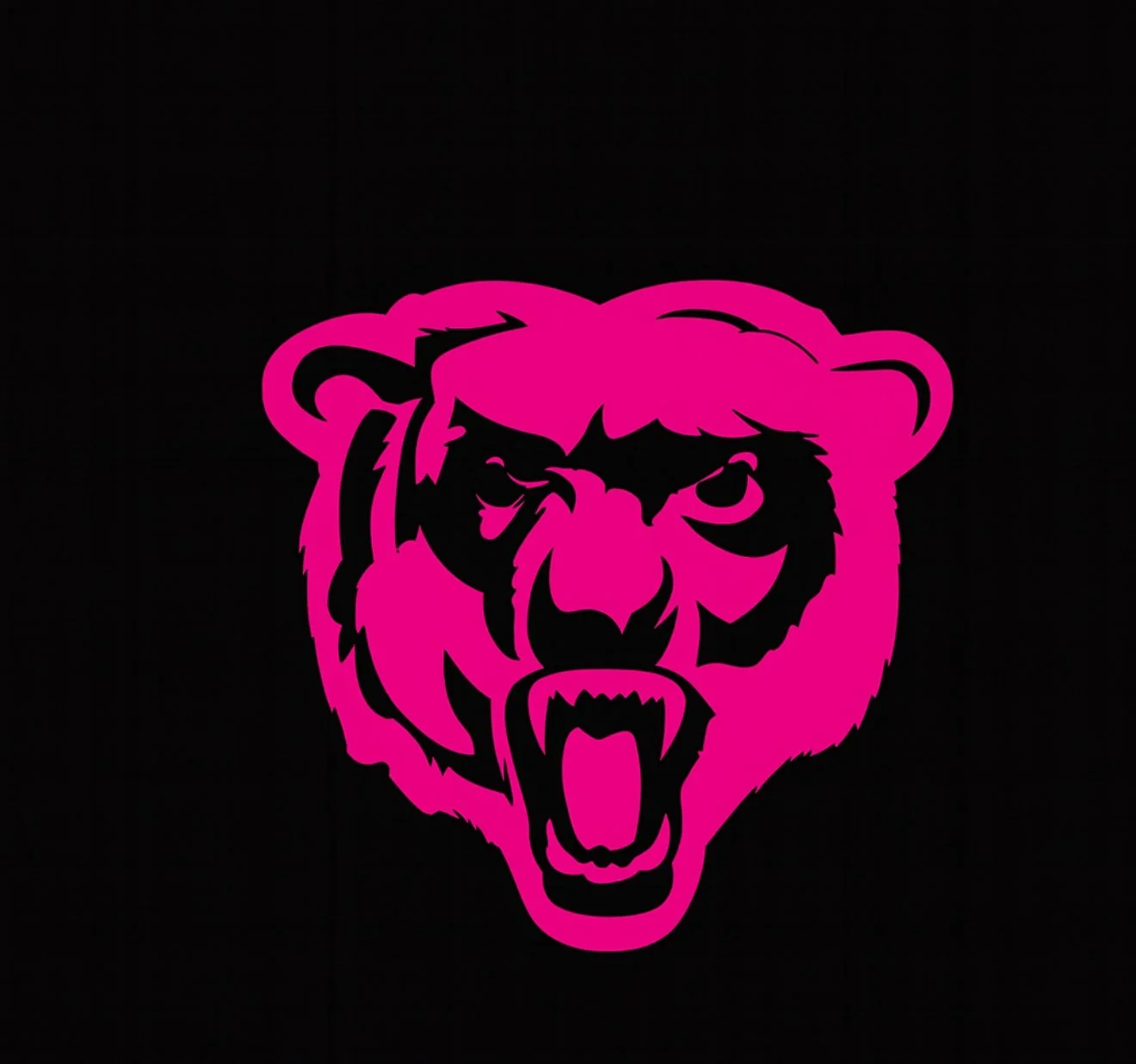 A stylized roaring lion's head in pink with black accents on a black background.