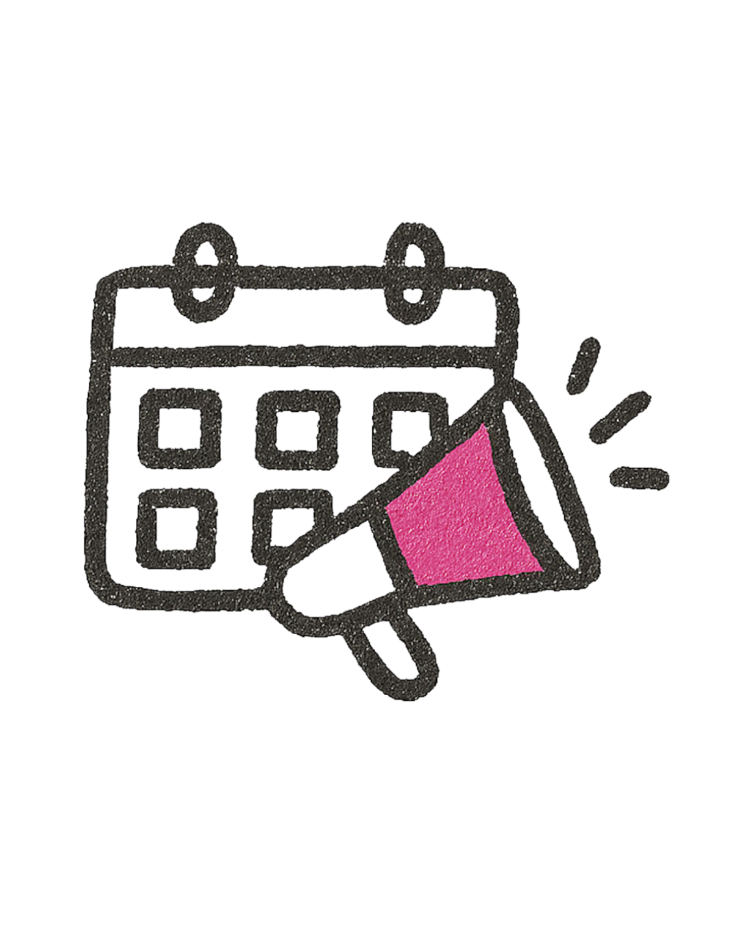 Cartoon-style alarm clock with bell on top, distressed appearance, with a pink and purple hammer hitting the clock face, causing small motion lines to indicate impact.