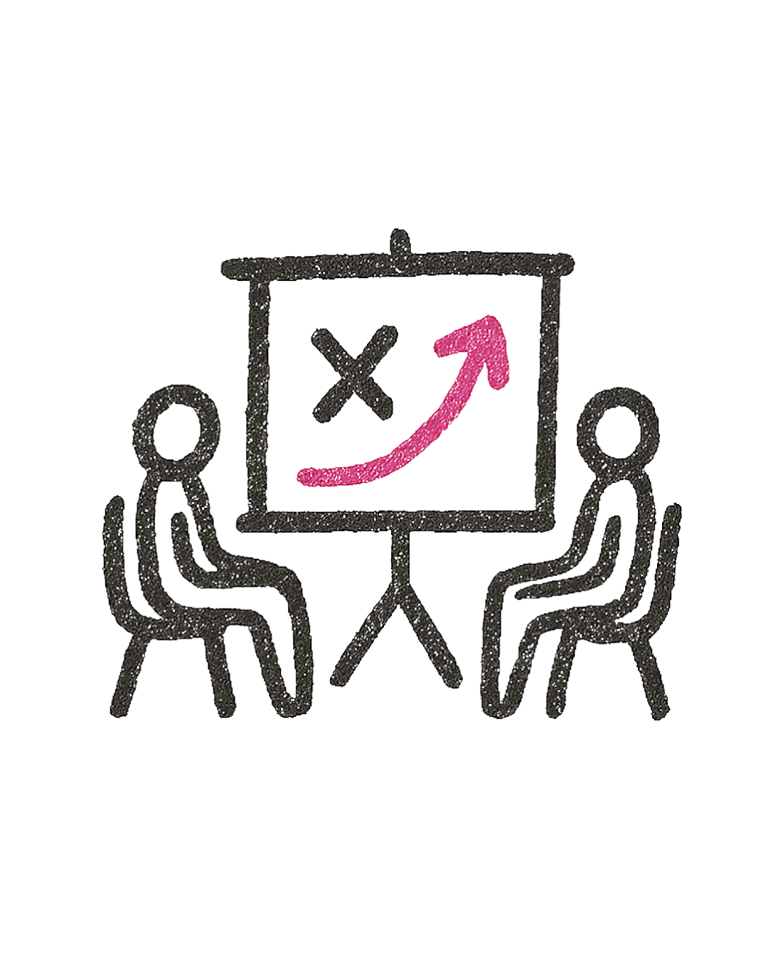 Drawing of two people sitting at a table with a presentation board showing an upward arrow and an 'X' symbol, indicating business growth or strategy.