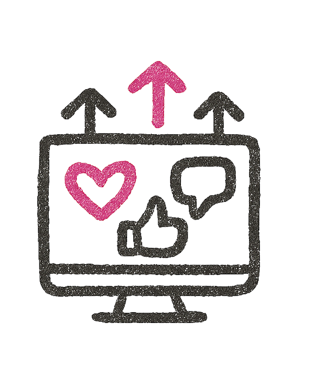 A digital illustration of a computer monitor with three arrows pointing upward, and inside the monitor are three symbols: a pink heart, a thumbs-up, and a speech bubble.