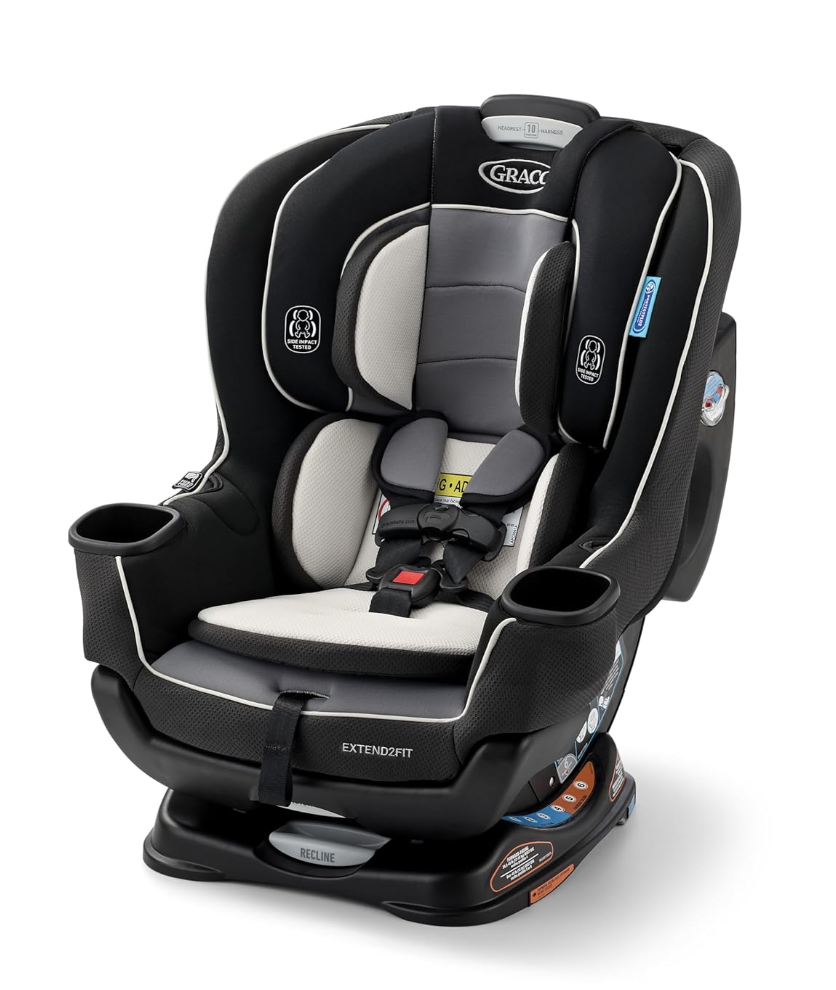 Black Graco Extend2Fit convertible car seat designed for extended rear-facing with extra legroom for bigger toddlers.