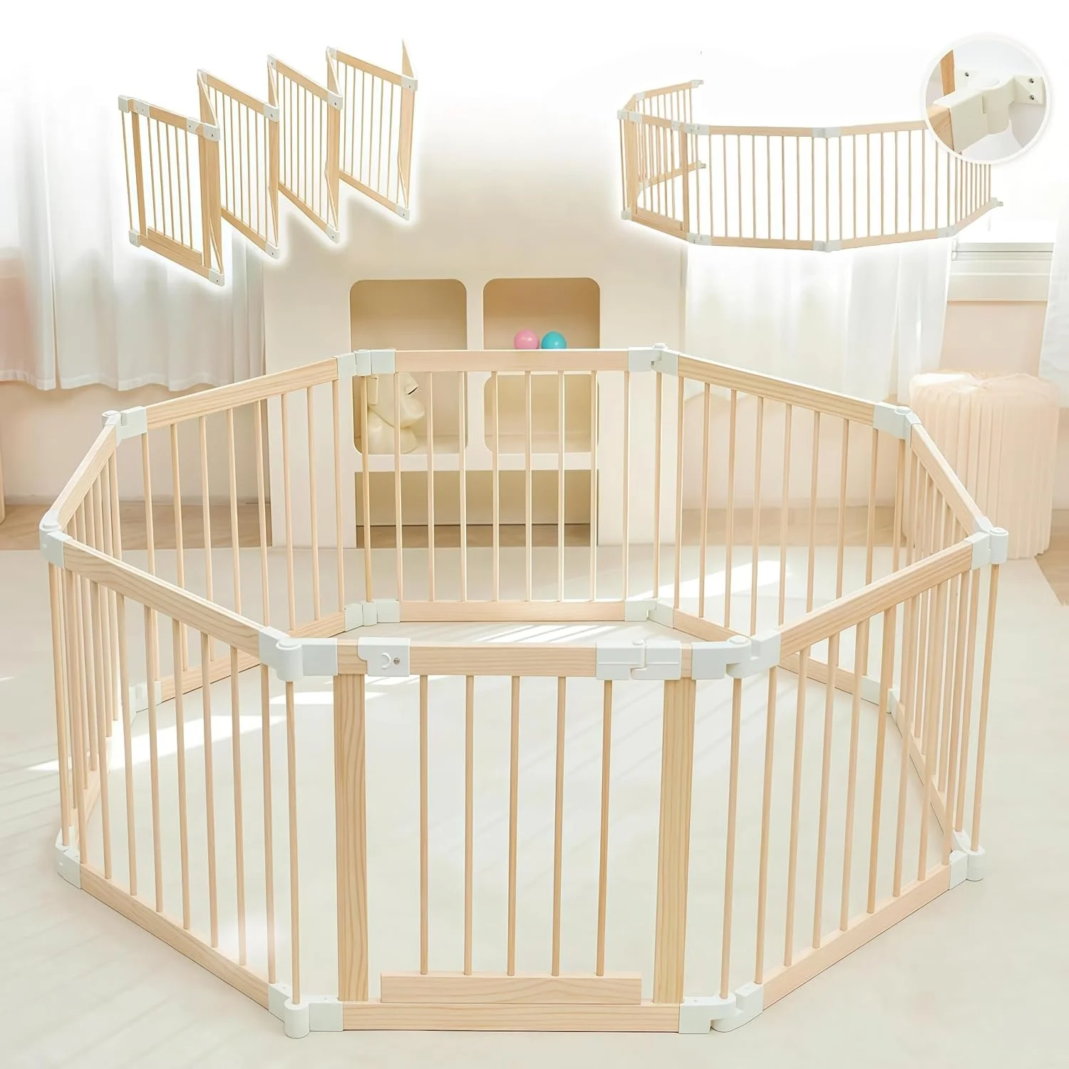 Hutocada wooden foldable playpen with multiple sizes.