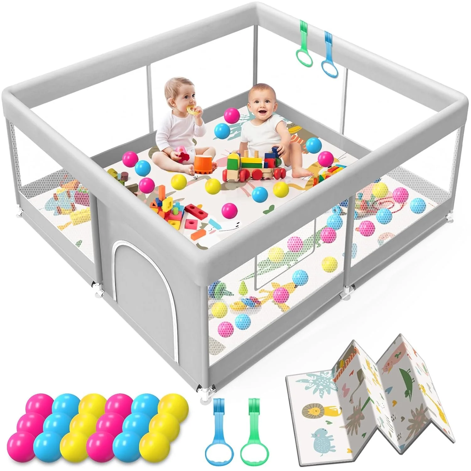 Jaobeem mesh playpen for babies and toddlers with mat and balls for playing safely.