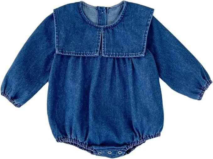 Denim bubble romper for baby girls with a large sailor collar and long sleeves