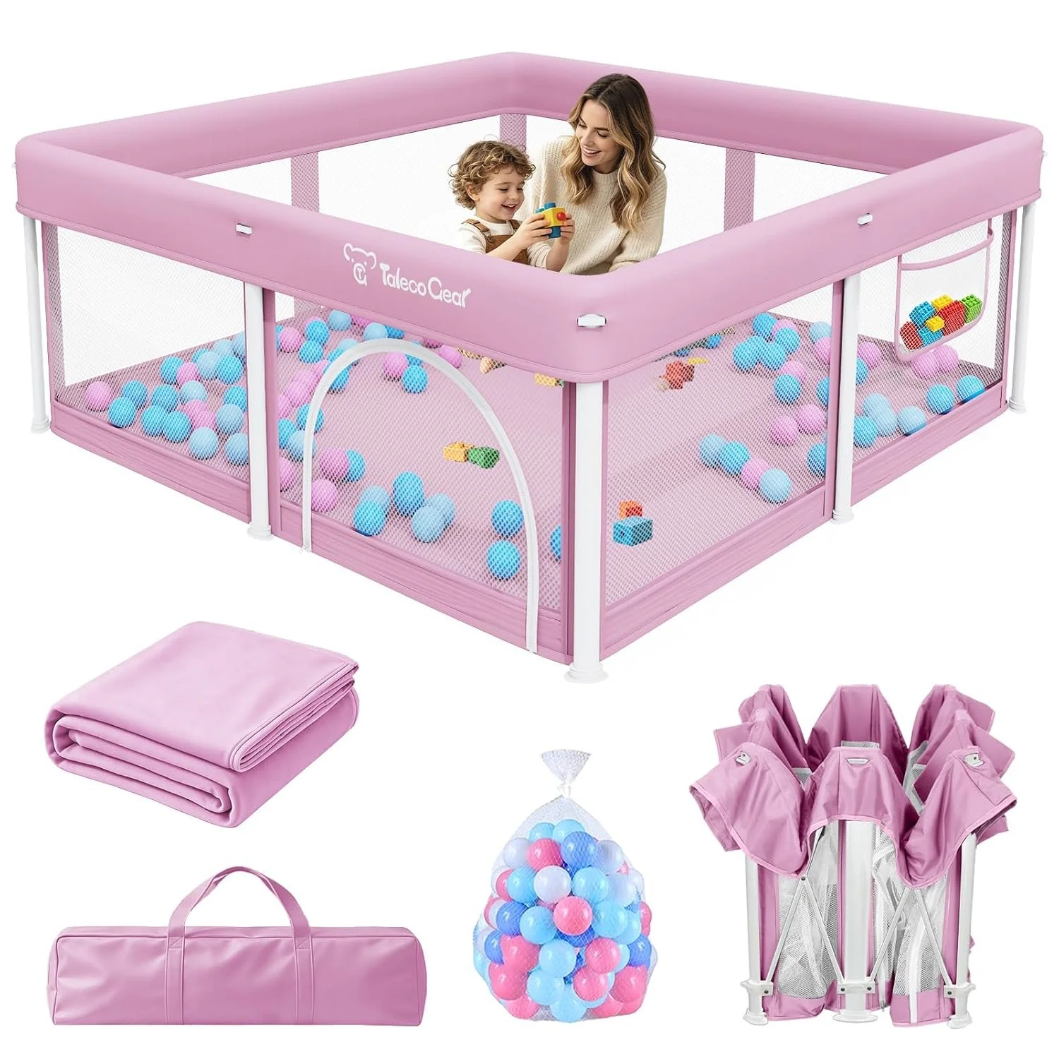 Pink Torevsior mesh playpen foldable for travel with balls, travel bag, and mat.
