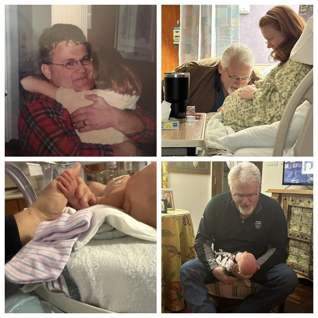 A four-photo collage of a grandfather and his family: the grandfather hugging his adult daughter, speaking to his unborn granddaughter against her mother's belly in the hospital before delivery, holding his granddaughter's hand, and smiling with her.