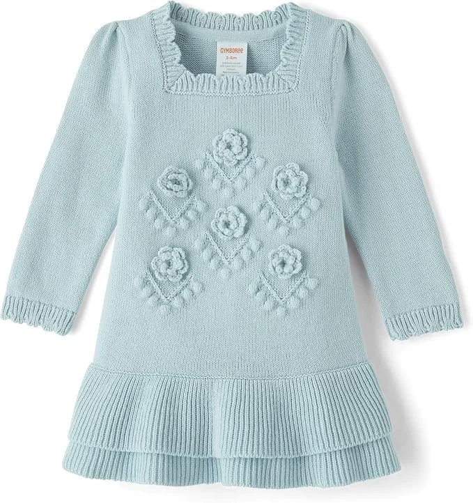 A light blue Gymboree sweater dress with a square neck, and ruffled hem.