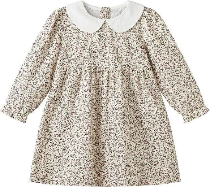 Long sleeve toddler girl dress in cream with a purple ditsy floral print and white Peter Pan collar