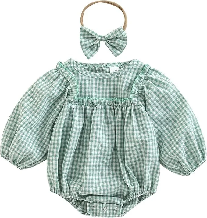 Green gingham fall bubble outfit for baby and toddler.