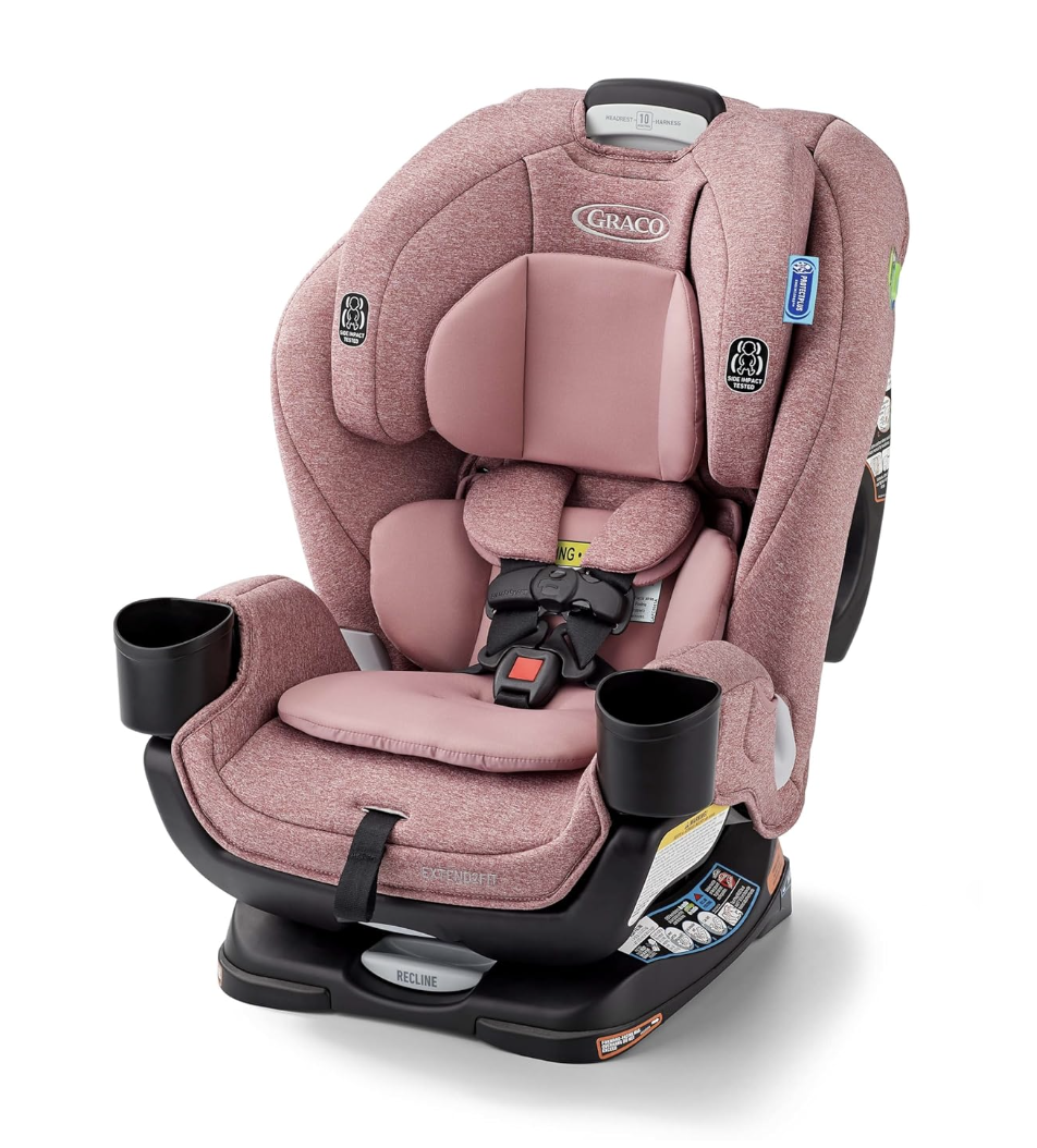 Pink Graco Extend2Fit convertible car seat with extended rear-facing legroom panel and 50 lb rear-facing limit.