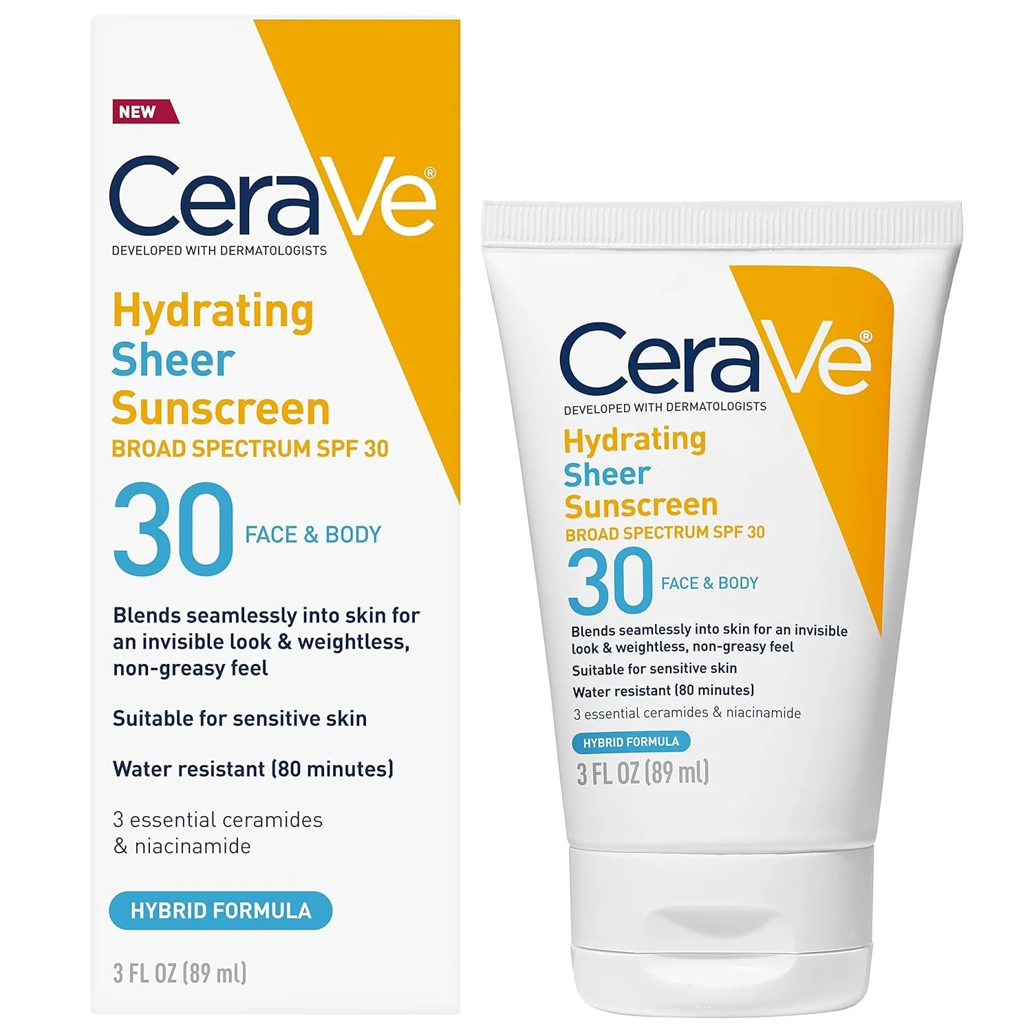 CeraVe Hydrating Sheer Sunscreen Broad Spectrum SPF 30, lightweight hybrid formula face and body sunscreen with ceramides and niacinamide for sensitive skin