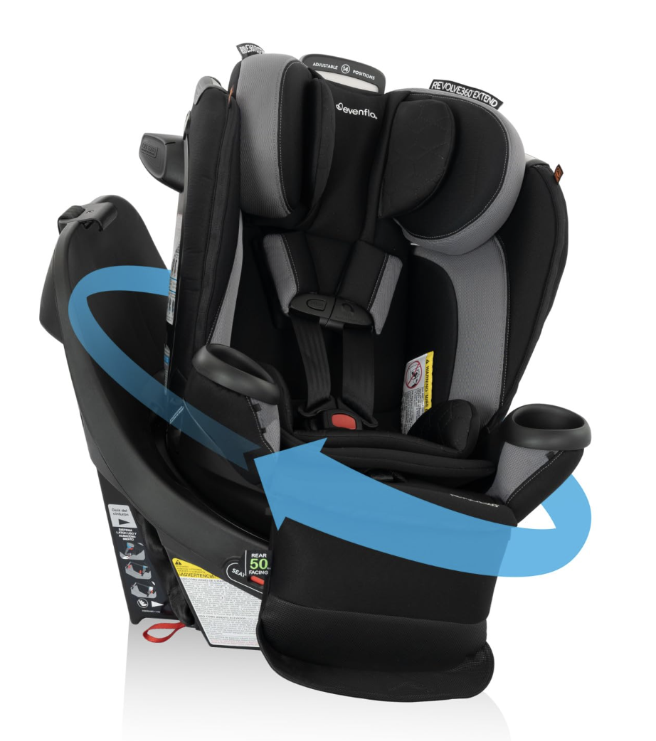 Evenflo Revolve360 Extend rotating car seat featuring 360-degree swivel design and 50 lb rear-facing weight limit.