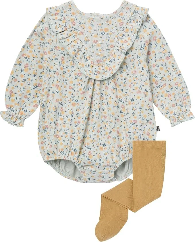 Modern moments floral bubble romper with ruffled collar and tights for baby and toddler fall fashion.